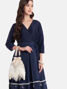 Anekaant - Women Dewdrop Fringe Ecru And Ivory Floral Zari Embroidered Velvet Potli Bag