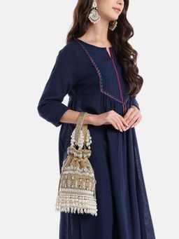 Anekaant - Women Dewdrop Fringe Camel Brown And Pearl White Ornate Embellished Velvet Potli Bag