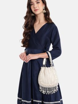 Anekaant - Women Opal Thread Crystal White Pearl Beaded Faux Silk Potli Bag