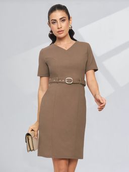 Martini - Women Beige Formal Knee Length Dress with Belt