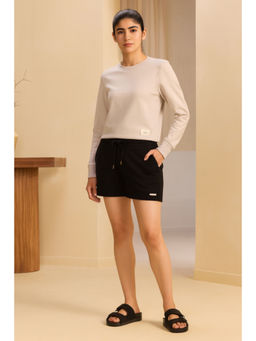 Alonge - Beige Cotton Round Neck Solid Sweatshirt with Shorts