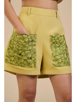 ORIGANI - Yellow Embroidered Pocket High Waist Shorts