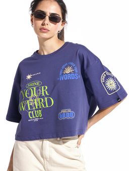 Bewakoof - Heavy Duty 1.0 Women's Skipper Blue Weird Club Graphic Printed Oversized Short Top