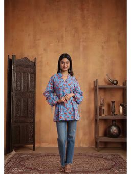 PANCHRANGA - Blue Sky Bloom Hand Block Print Cotton Top