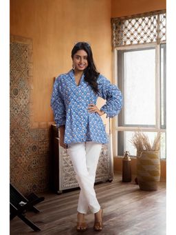 PANCHRANGA - Blue Blossom Hand Block Print Cotton Top
