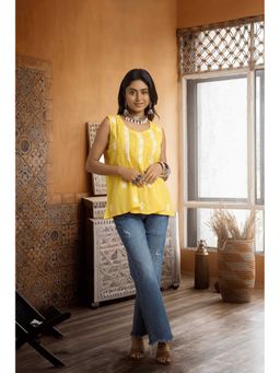 PANCHRANGA - Yellow Cotton Slub Hand Chikankari Embroidery Top