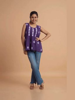 PANCHRANGA - Purple Cotton Slub Hand Chikankari Embroidery Top