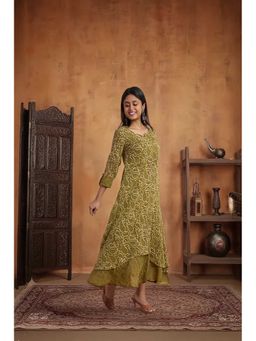 PANCHRANGA - Women Olive Noor Hand Block Print Double Layered Cotton Dress