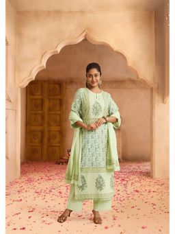 PANCHRANGA - Women Mint Green Hand Block Placement Print Kurta with Pant and Dupatta