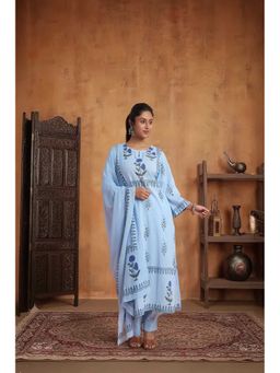 PANCHRANGA - Women Blue Neelara Garden Handblock Cotton Kurta with Pant and Dupatta