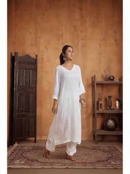 PANCHRANGA - Women Modal Satin White Murri Work Kurta and Pant
