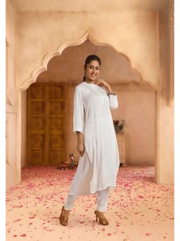 PANCHRANGA - Women White Modal Satin Murri Work Mandarin Neck Kurta and Pant