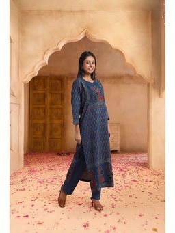 PANCHRANGA - Women Hand Ajrakh Print Blue Cotton Kurta and Pant