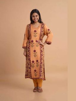 PANCHRANGA - Women Orange Hand Block Placement Print and Adda Embroidery Kurta and Pant
