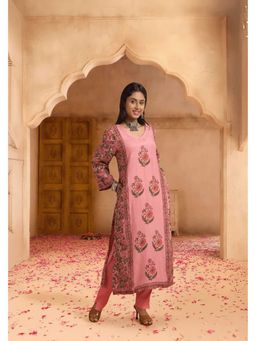 PANCHRANGA - Women Rose Pink Hand Block Placement Print Kurta Nad Pant