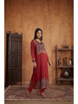 PANCHRANGA - Woemn Rust Red Hand Ajrakh Placement Print Kurta and Pant