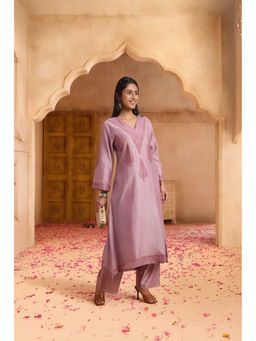 PANCHRANGA - Women Mauve Chanderi Hand Block and Adda Embroidery Kurta and Pant