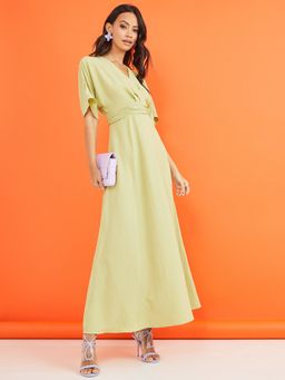 Styli - Green Short Sleeves Wrap Front Textured A-line Maxi Dress