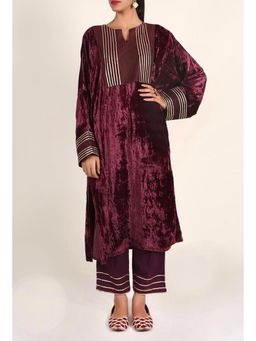 Tjori - Wine Red Zari Patchwork Chenille Phiran Kurta