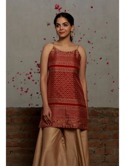 Tjori - Red Kalamkari Printed Cotton Silk Strappy A-Line Short Kurta