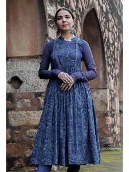 Tjori - Jemin Indigo Cotton Hand Block Printed Pishwas Style Kurta