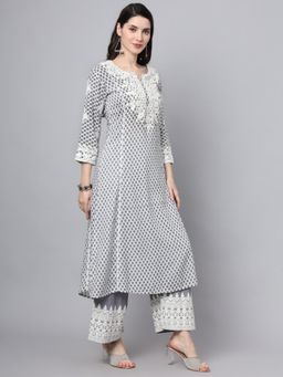 Divena - Grey Blue Motif Print Rayon Kurta with Palazzo (Set of 2)