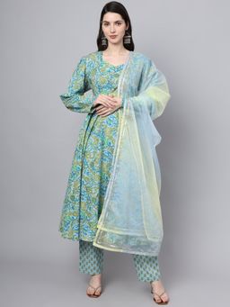 Divena - Floral Printed Sky Blue Cotton Kurta with Pant and Dupatta (Set of 3)