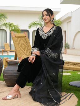 Divena - Embroidered Black Velvet Kurta with Pant and Dupatta (Set of 3)
