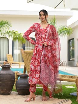 Divena - Floral Printed Red Cotton Alia Cut Kurta with Pant and Dupatta (Set of 3)