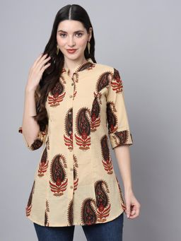 Divena - Beige Cotton Paisley Print Shirt Style Top