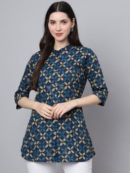 Divena - Blue Cotton Geometric Print Shirt Style Top