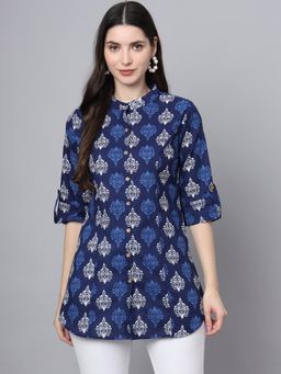 Divena - Blue Floral Print Shirt Style Top