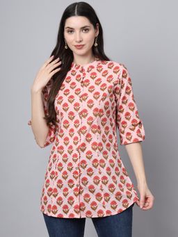 Divena - Pink Cotton Floral Print Shirt Style Top