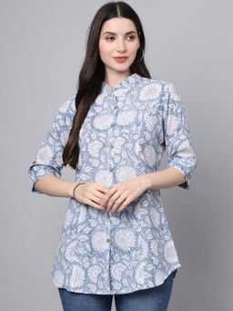 Divena - Blue Cotton Floral Print Shirt Style Top