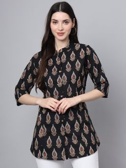Divena - Black Cotton Paisley Print Shirt Style Top
