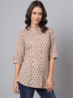 Divena - Pink Cotton Floral Print Shirt Style Top