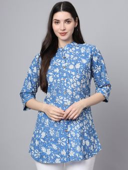 Divena - Blue Cotton Floral Print Shirt Style Top