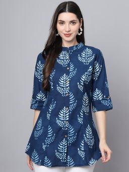 Divena - Blue Cotton Floral Print Shirt Style Top