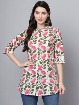 Divena - Multi-Color Cotton Floral Print Shirt Style Top