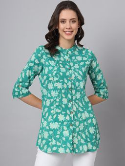 Divena - Green Cotton Floral Print Shirt Style Top