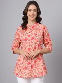 Divena - Pink Cotton Floral Print Shirt Style Top