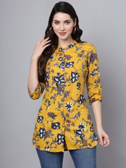 Divena - Yellow Cotton Floral Print Shirt Style Top