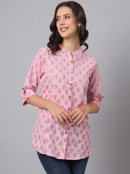 Divena - Pink Cotton Floral Print Shirt Style Top