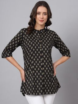Divena - Black Cotton Floral Print Shirt Style Top