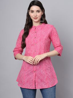 Divena - Pink Cotton Leheriya Print Shirt Style Top