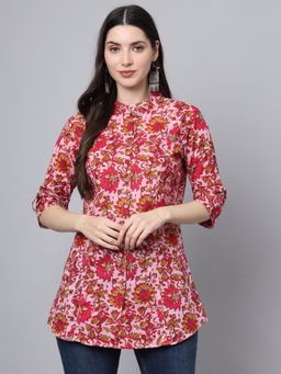 Divena - Pink Cotton Floral Print Shirt Style Top