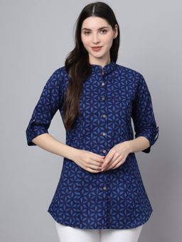 Divena - Blue Cotton Printed Shirt Style Top
