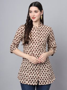 Divena - Brown Cotton Printed Shirt Style Top