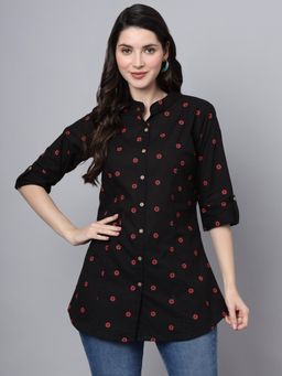 Divena - Black Cotton Floral Print Shirt Style Top