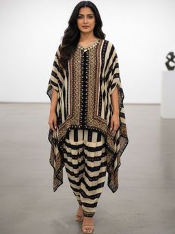 PIRRA DESIGN - Women' Black and White Crepe Kaftan Kurti with Salwar